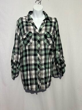 Cato Plaid Button-Down Shirt Mint Green Black White 18/20